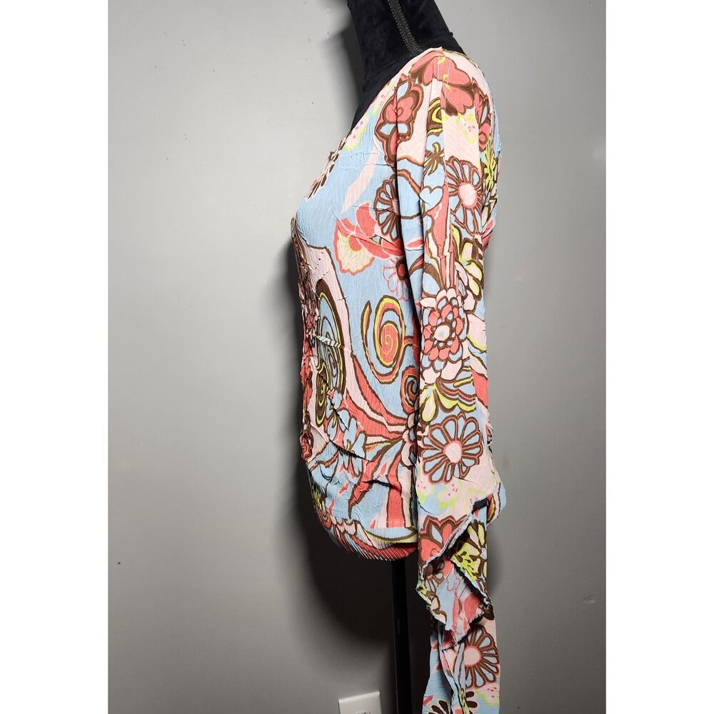 Vtg Cache Y2K Floral Bell Sleeve Side Tie Blouse Boho Psychedelic Top M - Picture 7 of 11